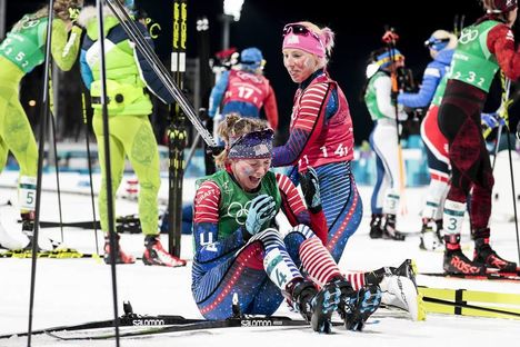 NordicFocus 21.02.2018, Pyeongchang, Korea (KOR):Kikkan Randall (USA), Jessica Diggins (USA), (l-r) - XXIII. Olympic Winter Games Pyeongchang 2018, cross-country, team sprint, Pyeongchang (KOR). www.nordicfocus.com. © Modica/NordicFocus. Every downloaded picture