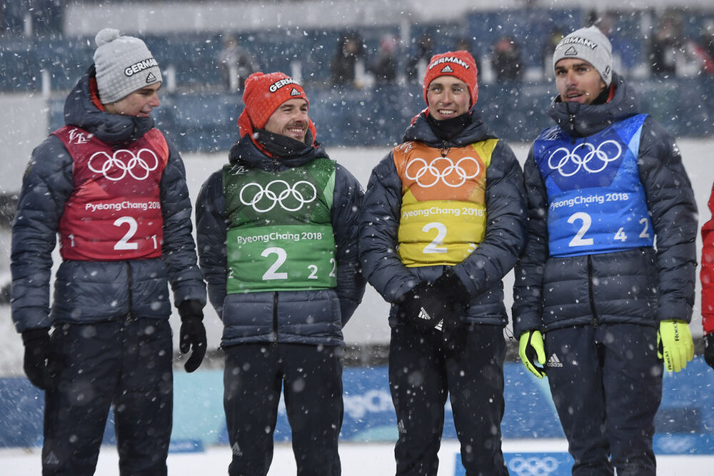 22.02.2018, Pyeongchang, Korea (KOR):Vinzenz Geiger (GER), Fabian Riessle (GER), Eric Frenzel (GER), Johannes Rydzek (GER) - XXIII. Olympic Winter Games Pyeongchang 2018, nordic combined, team HS140/4x5km, Pyeongchang (KOR). www.nordicfocus.com. © Thiba