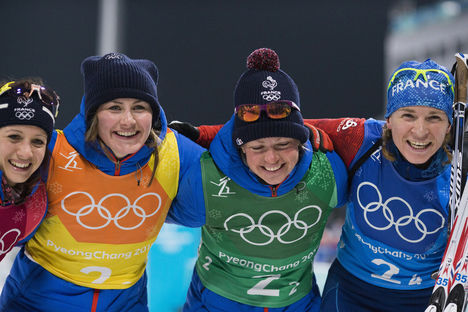 NordicFocus 22.02.2018, Pyeongchang, Korea (KOR):Anais Chevalier (FRA), Marie Dorin Habert (FRA), Justine Braisaz (FRA), Anais Bescond (FRA), (l-r) - XXIII. Olympic Winter Games Pyeongchang 2018, biathlon, relay women, Pyeongchang (KOR). www.nordicfocus.com. © Manz