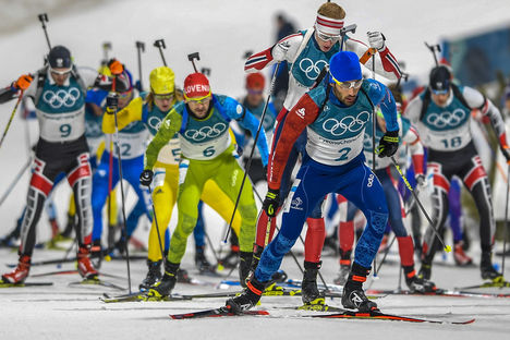 NordicFocus 18.02.2018, Pyeongchang, Korea (KOR):Martin Fourcade (FRA) - XXIII. Olympic Winter Games Pyeongchang 2018, biathlon, mass men, Pyeongchang (KOR). www.nordicfocus.com. © Thibaut/NordicFocus. Every downloaded picture is fee-liable.