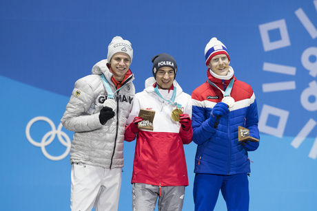 NordicFocus 18.02.2018, Pyeongchang, Korea (KOR):Andreas Wellinger (GER), Kamil Stoch (POL), Robert Johansson (NOR) Johansson, (l-r) - XXIII. Olympic Winter Games Pyeongchang 2018, ski jumping, medals, Pyeongchang (KOR). www.nordicfocus.com. © Manzoni/NordicFocus.
