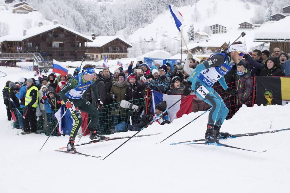 16.12.2017, Annecy-Le Grand Bornand, France (FRA):Simon Schempp (GER), Antonin Guigonnat (FRA), (l-r) -  IBU world cup biathlon, pursuit men, Annecy-Le Grand Bornand (FRA). www.nordicfocus.com. © Manzoni/NordicFocus. Every downloaded picture is fee-liab
