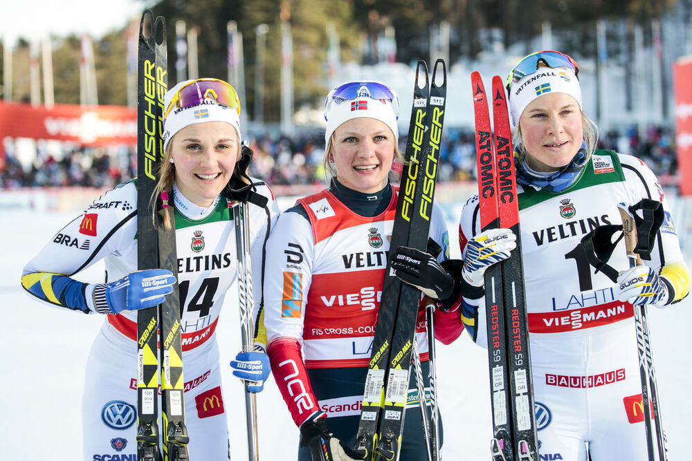 03.03.2018, Lahti, Finland (FIN):Stina Nilsson (SWE), Maiken Caspersen Falla (NOR), Hanna Falk (SWE), (l-r)  - FIS world cup cross-country, individual sprint, Lahti (FIN). www.nordicfocus.com. © Modica/NordicFocus. Every downloaded picture is fee-liable