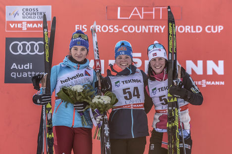 NordicFocus 04.03.2018, Lahti, Finland (FIN):Natalia Nepryaeva (RUS), Krista Parmakoski (FIN), Marit Bjoergen (NOR), (l-r) - FIS world cup cross-country, 10km women, Lahti (FIN). www.nordicfocus.com. © Thibaut/NordicFocus. Every downloaded picture is fee-liable.