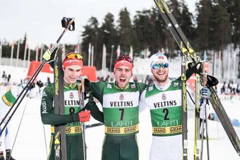 NordicFocus 04.03.2018, Lahti, Finland (FIN):Vinzenz Geiger (GER), Johannes Rydzek (GER), Joergen Graabak (NOR), (l-r) - FIS world cup nordic combined, individual gundersen HS130/10km, Lahti (FIN). www.nordicfocus.com. © Modica/NordicFocus. Every downloaded pictur