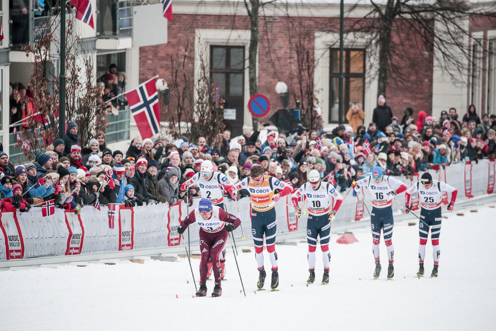 07.03.2018, Drammen, Norway (NOR):Alexander Bolshunov (RUS), Eirik Brandsdal (NOR), Johannes Hoesflot Klaebo (NOR), Sindre Bjoernestad Skar (NOR), Kasper Stadaas (NOR), Emil Iversen (NOR), (l-r)  - FIS world cup cross-country, individual sprint, Drammen