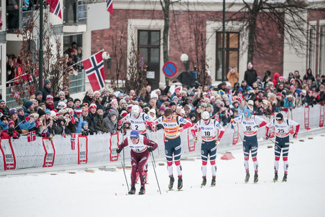 NordicFocus 07.03.2018, Drammen, Norway (NOR):Alexander Bolshunov (RUS), Eirik Brandsdal (NOR), Johannes Hoesflot Klaebo (NOR), Sindre Bjoernestad Skar (NOR), Kasper Stadaas (NOR), Emil Iversen (NOR), (l-r) - FIS world cup cross-country, individual sprint, Drammen