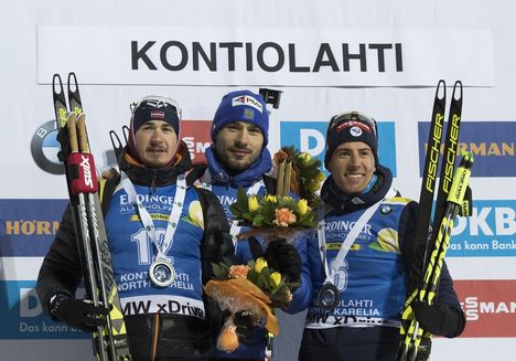 NordicFocus 08.03.2018, Kontiolahti, Finland (FIN):Andrejs Rastorgujevs (LAT), Anton Shipulin (RUS), Quentin Fillon Maillet (FRA), (l-r) - IBU world cup biathlon, sprint men, Kontiolahti (FIN). www.nordicfocus.com. © Manzoni/NordicFocus. Every downloaded picture i