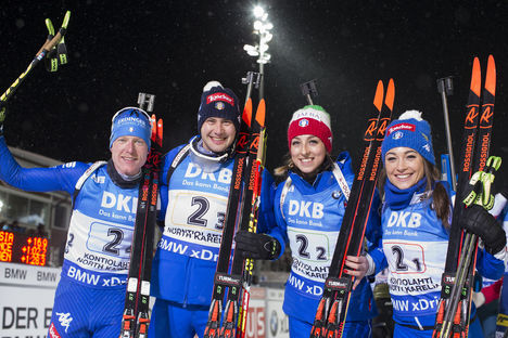 NordicFocus 10.03.2018, Kontiolahti, Finland (FIN):Lukas Hofer (ITA), Dominik Windisch (ITA), Lisa Vittozzi (ITA), Dorothea Wierer (ITA), (l-r) - IBU world cup biathlon, mixed relay, Kontiolahti (FIN). www.nordicfocus.com. © Manzoni/NordicFocus. Every downloaded p