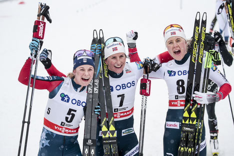 NordicFocus 11.03.2018, Oslo, Norway (NOR):Jessica Diggins (USA), Marit Bjoergen (NOR), Ragnhild Haga (NOR), (l-r) - FIS world cup cross-country, mass women, Oslo (NOR). www.nordicfocus.com. © Modica/NordicFocus. Every downloaded picture is fee-liable.