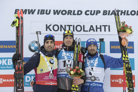 NordicFocus 11.03.2018, Kontiolahti, Finland (FIN):Martin Fourcade (FRA), Julian Eberhard (AUT), Anton Shipulin (RUS), (l-r) - IBU world cup biathlon, mass start men, Kontiolahti (FIN). www.nordicfocus.com. © Manzoni/NordicFocus. Every downloaded picture is fee-lia