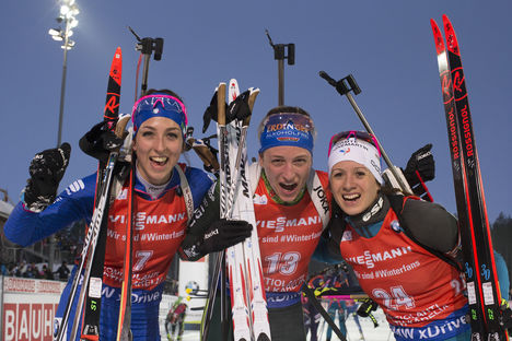 NordicFocus 11.03.2018, Kontiolahti, Finland (FIN):Lisa Vittozzi (ITA), Vanessa Hinz (GER), Anais Chevalier (FRA), (l-r) - IBU world cup biathlon, mass women, Kontiolahti (FIN). www.nordicfocus.com. © Manzoni/NordicFocus. Every downloaded picture is fee-liable.