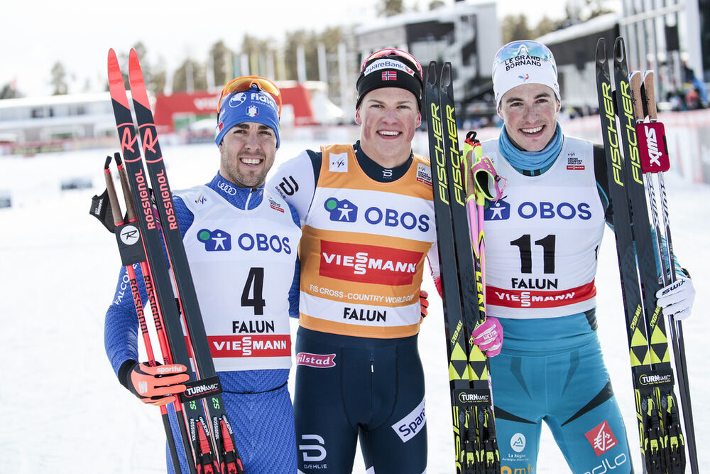 16.03.2018, Falun Sweden (SWE):Federico Pellegrino (ITA), Johannes Hoesflot Klaebo (NOR), Lucas Chanavat (FRA), (l-r)  - FIS world cup cross-country, individual sprint, Falun (SWE). www.nordicfocus.com. © Modica/NordicFocus. Every downloaded picture is