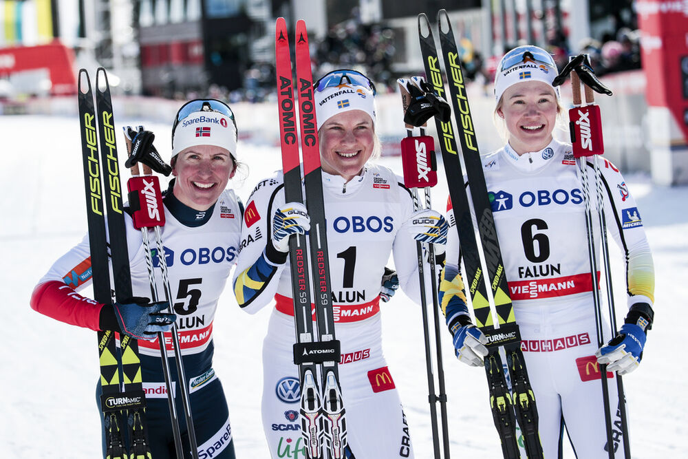 16.03.2018, Falun Sweden (SWE):Marit Bjoergen (NOR), Hanna Falk (SWE), Jonna Sundling (SWE), (l-r)  - FIS world cup cross-country, individual sprint, Falun (SWE). www.nordicfocus.com. © Modica/NordicFocus. Every downloaded picture is fee-liable.