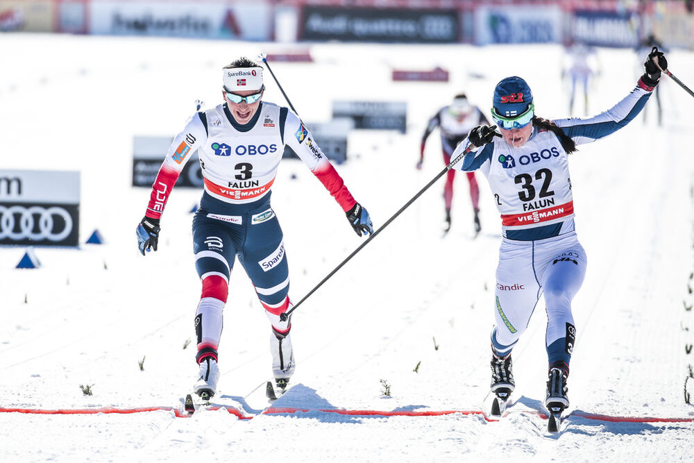 17.03.2018, Falun Sweden (SWE):Marit Bjoergen (NOR), Krista Parmakoski (FIN), (l-r)  - FIS world cup cross-country, mass women, Falun (SWE). www.nordicfocus.com. © Modica/NordicFocus. Every downloaded picture is fee-liable.