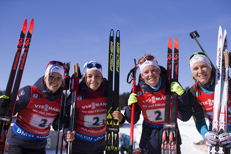 NordicFocus 17.03.2018, Oslo, Norway (NOR):Anais Chevalier (FRA), Celia Aymonier (FRA), HABERT Dorin Habert (FRA), Anais Bescond (FRA), (l-r) - IBU world cup biathlon, relay women, Oslo (NOR). www.nordicfocus.com. © Manzoni/NordicFocus. Every downloaded picture is
