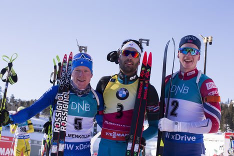 NordicFocus 17.03.2018, Oslo, Norway (NOR):Lukas Hofer (ITA), Martin Fourcade (FRA), Johannes Thingnes Boe (NOR), (l-r) - IBU world cup biathlon, pursuit men, Oslo (NOR). www.nordicfocus.com. © Manzoni/NordicFocus. Every downloaded picture is fee-liable.