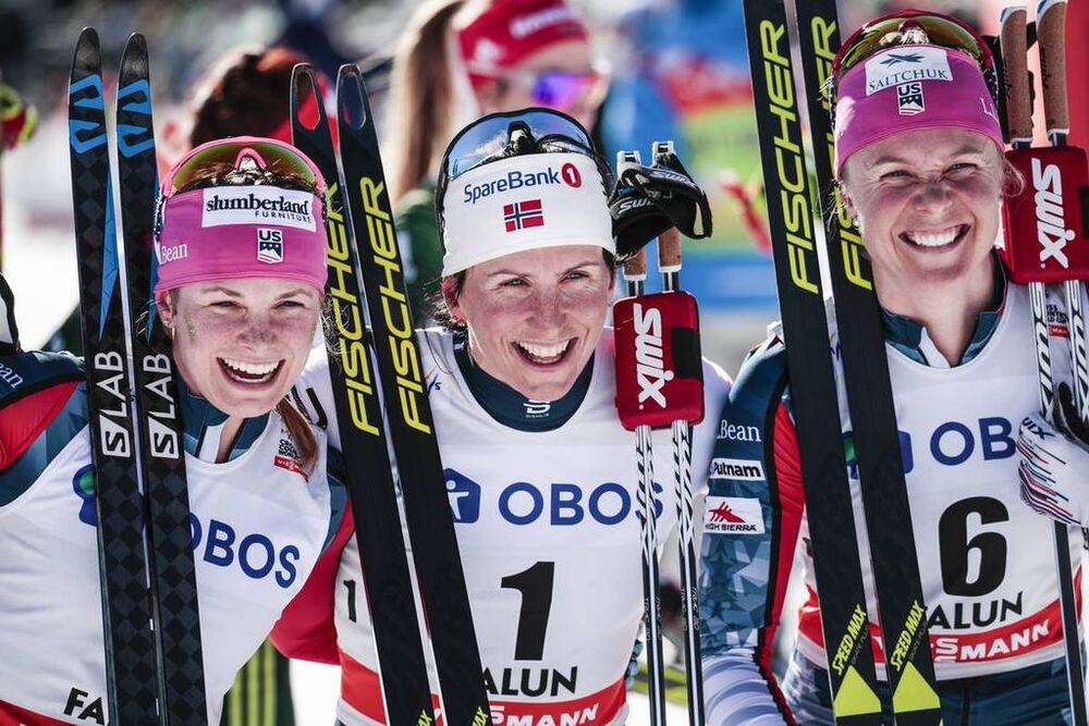 18.03.2018, Falun Sweden (SWE):Jessica Diggins (USA), Marit Bjoergen (NOR), Sadie Bjornsen (USA), (l-r)  - FIS world cup cross-country, pursuit women, Falun (SWE). www.nordicfocus.com. © Modica/NordicFocus. Every downloaded picture is fee-liable.