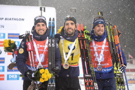 NordicFocus 22.03.2018, Tyumen, Russia (RUS):Fredrik Lindstroem (SWE), Simon Desthieux (FRA), Martin Fourcade (FRA) - IBU world cup biathlon, sprint men, Tyumen (RUS). www.nordicfocus.com. © Tumashov/NordicFocus. Every downloaded picture is fee-liable.
