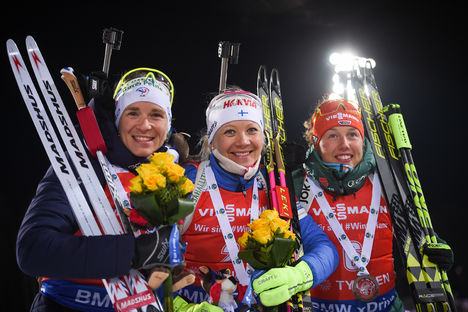 NordicFocus 24.03.2018, Tyumen, Russia (RUS):Laura Dahlmeier (GER), Anais Bescond (FRA), Kaisa Makarainen (FIN) - IBU world cup biathlon, pursuit women, Tyumen (RUS). www.nordicfocus.com. © Tumashov/NordicFocus. Every downloaded picture is fee-liable.