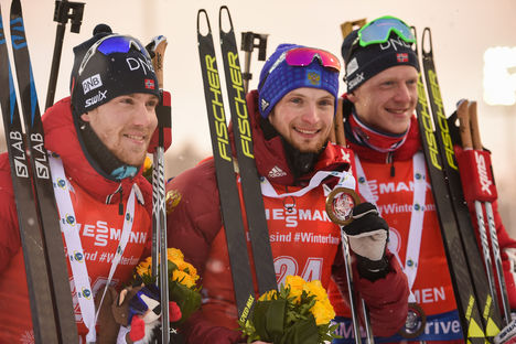 NordicFocus 25.03.2018, Tyumen, Russia (RUS):Johannes Thingnes Boe (NOR), Erlend Bjoentegaard (NOR), Maxim Tsvetkov (RUS) - IBU world cup biathlon, mass men, Tyumen (RUS). www.nordicfocus.com. © Tumashov/NordicFocus. Every downloaded picture is fee-liable.