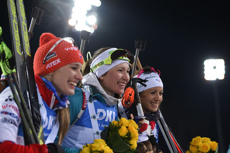 NordicFocus 25.03.2018, Tyumen, Russia (RUS):Anais Chevalier (FRA), Paulina Fialkova (SVK), Darya Domracheva (BLR) - IBU world cup biathlon, mass women, Tyumen (RUS). www.nordicfocus.com. © Tumashov/NordicFocus. Every downloaded picture is fee-liable.