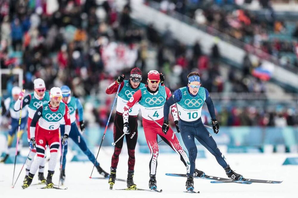 NordicFocus 11.02.2018, Pyeongchang, Korea (KOR):Martin Johnsrud Sundby (NOR), Dario Cologna (SUI), Alex Harvey (CAN), Andrew Musgrave (GBR), (l-r) - XXIII. Olympic Winter Games Pyeongchang 2018, cross-country, skiathlon men, Pyeongchang (KOR). www.nordicfocus.com.
