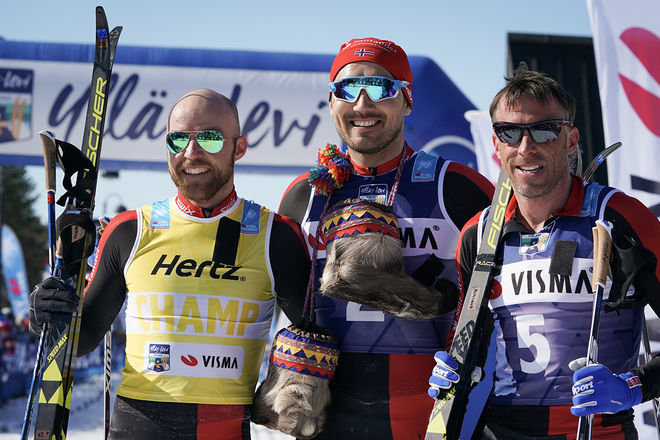TEAM SANTANDER dominerade både finalen i Visma Ski Classics och totalt i cupen. Här är dom tre bästa i Ylläs-Levi, fr v: Tord Asle Gjerdalen 2:a och totalsegrare, Andreas Nygaard 1:a och totaltvåa och Anders Aukland 3:a. Foto: MAGNUS ÖSTH