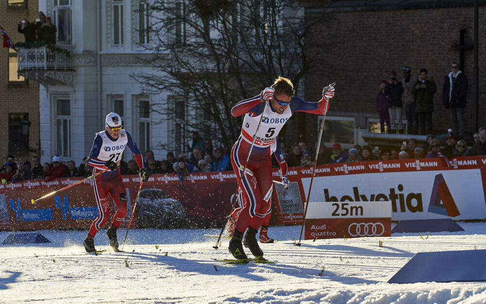 03.02.2016, Drammen, Norway (NOR):Johannes Hoesflot Klaebo (NOR), Petter Northug (NOR), (l-r)  - FIS world cup cross-country, individual sprint, Drammen (NOR). www.nordicfocus.com. © Felgenhauer/NordicFocus. Every downloaded picture is fee-liable.