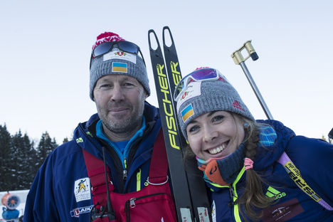 NordicFocus 27.01.2017, Duszniki Zdroj, Poland (POL):Uros Velepec (SLO) headcoach Team Ukraine, Yuliia Dzhima (UKR), (l-r) - IBU Open European championships biathlon, sprint women, Duszniki Zdroj (POL). www.nordicfocus.com. © Manzoni/NordicFocus. Every downloaded p