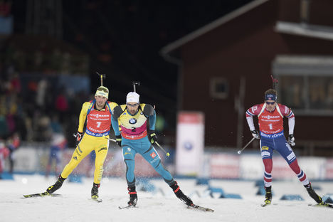 03122017 Oestersund Sweden SWEFredrik Lindstroem SWE Martin Fourcade FRA Tarjei Boe NOR l-r - IBU world cup biathlon pursuit men Oestersund SWE wwwnordicfocuscom  ManzoniNordicFocus Every downloaded picture is fee-liable