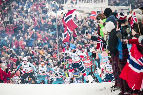 NordicFocus 10.03.2018, Oslo, Norway (NOR):Simen Andreas Sveen (NOR), Martin Johnsrud Sundby (NOR), Maurice Manificat (FRA), Adrien Backscheider (FRA), (l-r) - FIS world cup cross-country, mass men, Oslo (NOR). www.nordicfocus.com. © Modica/NordicFocus. Every down