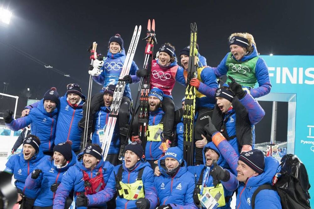 22.02.2018, Pyeongchang, Korea (KOR):Anais Chevalier (FRA), Marie Dorin Habert (FRA), Justine Braisaz (FRA), Anais Bescond (FRA), (l-r) - XXIII. Olympic Winter Games Pyeongchang 2018, biathlon, relay women, Pyeongchang (KOR). www.nordicfocus.com. © Manz