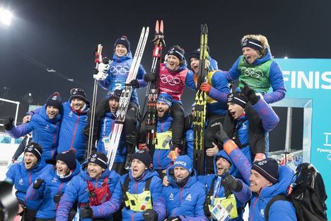 NordicFocus 22.02.2018, Pyeongchang, Korea (KOR):Anais Chevalier (FRA), Marie Dorin Habert (FRA), Justine Braisaz (FRA), Anais Bescond (FRA), (l-r) - XXIII. Olympic Winter Games Pyeongchang 2018, biathlon, relay women, Pyeongchang (KOR). www.nordicfocus.com. © Manz