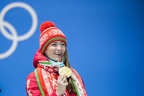 NordicFocus 23.02.2018, Pyeongchang, Korea (KOR):Darya Domracheva (BLR) - XXIII. Olympic Winter Games Pyeongchang 2018, biathlon, medals, Pyeongchang (KOR). www.nordicfocus.com. © Modica/NordicFocus. Every downloaded picture is fee-liable.