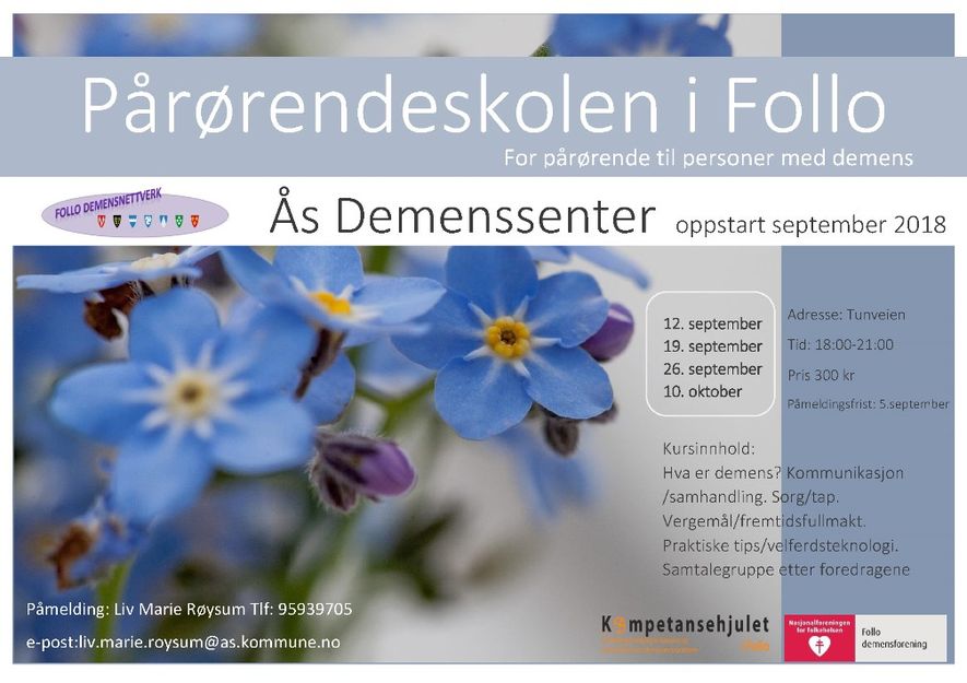 Pårørendeskolen i Follo starter opp i september 2018. Utsnitt av informasjoinsplakat om pårørendeskolen.