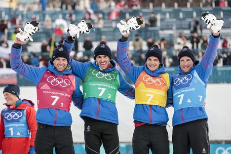 NordicFocus 18.02.2018, Pyeongchang, Korea (KOR):Jean Marc Gaillard (FRA), Maurice Manificat (FRA), Clement Parisse (FRA), Adrien Backscheider (FRA), (l-r) - XXIII. Olympic Winter Games Pyeongchang 2018, cross-country, 4x10km men, Pyeongchang (KOR). www.nordicfocu