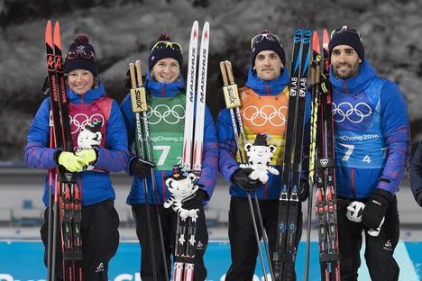 NordicFocus 20.02.2018, Pyeongchang, Korea (KOR):Marie Dorin Habert (FRA), Anais Bescond (FRA), Simon Desthieux (FRA), Martin Fourcade (FRA), (l-r) - XXIII. Olympic Winter Games Pyeongchang 2018, biathlon, relay mixed, Pyeongchang (KOR). www.nordicfocus.com. © Manz