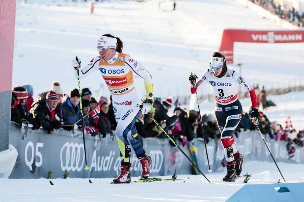 03.12.2017, Lillehammer, Norway (NOR):Charlotte Kalla (SWE), Heidi Weng (NOR), (l-r)  - FIS world cup cross-country, skiathlon women, Lillehammer (NOR). www.nordicfocus.com. © Modica/NordicFocus. Every downloaded picture is fee-liable.