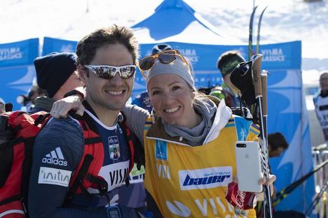 NordicFocus 14.04.2018, Levi, Finland (FIN):Ilya Chernousov (RUS), Selina Gasparin (SUI) (l-r) - Visma Ski Classics Yllaes-Levi, Levi (FIN). www.nordicfocus.com. © Manzoni/NordicFocus. Every downloaded picture is fee-liable.