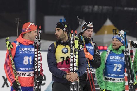 NordicFocus 03.03.2017, Pyeong Chang, Korea (KOR):Lowell Bailey (USA), Martin Fourcade (FRA), Dominik Landertinger (AUT), Erik Lesser (GER), (l-r) - IBU world cup biathlon, sprint men, Pyeong Chang (KOR). www.nordicfocus.com. © Manzoni/NordicFocus. Every downloade