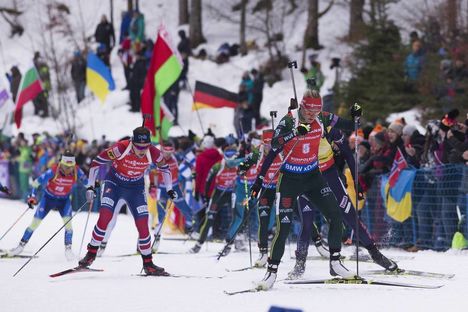 NordicFocus 14.01.2018, Ruhpolding, Germany (GER):Synnoeve Solemdal (NOR), Denise Herrmann (GER), (l-r) - IBU world cup biathlon, mass women, Ruhpolding (GER). www.nordicfocus.com. © Manzoni/NordicFocus. Every downloaded picture is fee-liable.