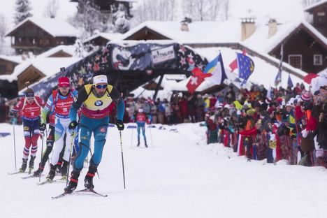 NordicFocus 17.12.2017, Annecy-Le Grand Bornand, France (FRA):Johannes Thingnes Boe (NOR), Simon Schempp (GER), Jakov Fak (SLO), Martin Fourcade (FRA), (l-r) - IBU world cup biathlon, mass men, Annecy-Le Grand Bornand (FRA). www.nordicfocus.com. © Manzoni/NordicFo