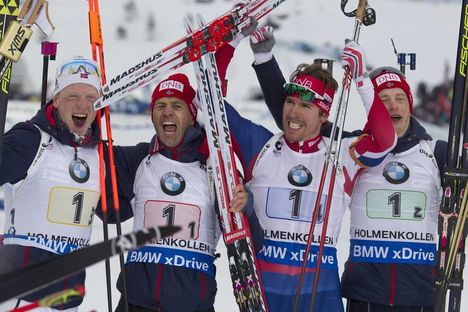 NordicFocus 12.03.2016, Oslo, Norway (NOR):Johannes Thingnes Boe (NOR), Ole Einar Bjoerndalen (NOR), Emil Hegle Svendsen (NOR), Tarjei Boe (NOR), (l-r) - IBU world championships biathlon, relay men, Oslo (NOR). www.nordicfocus.com. © NordicFocus. Every downloaded p