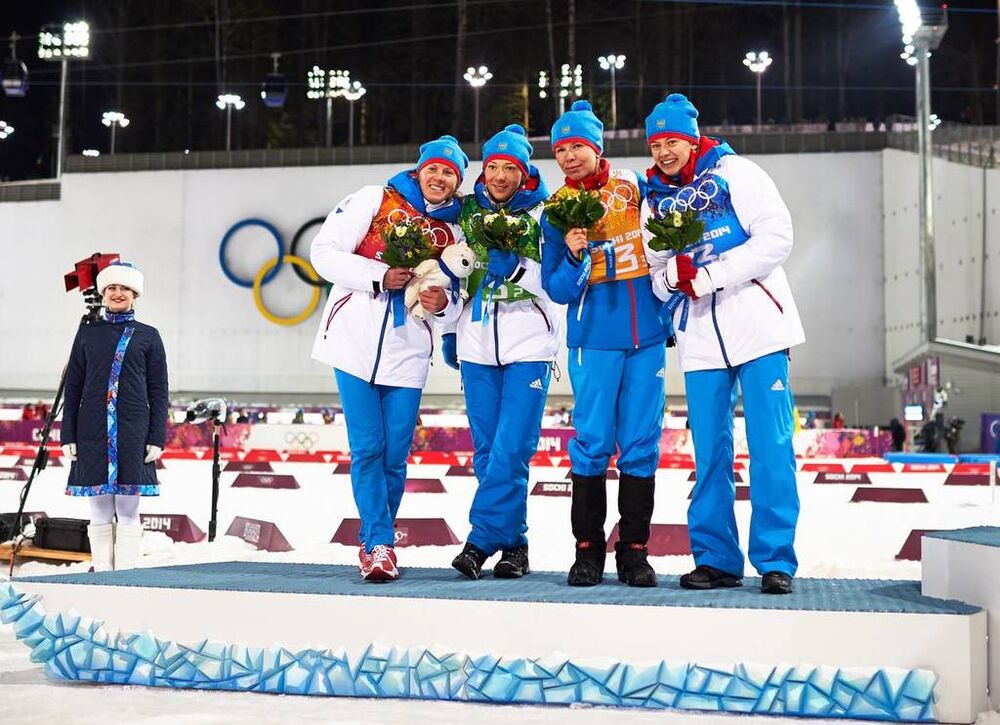 21.02.2014, Sochi, Russia (RUS): Yana Romanova (RUS), Olga Zaitseva (RUS), Ekaterina Shumilova (RUS), Olga Vilukhina (RUS), (l-r)- XXII. Olympic Winter Games Sochi 2014, biathlon, relay women, Sochi (RUS). www.nordicfocus.com. © NordicFocus. Every downl