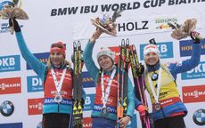 NordicFocus 21.01.2018, Antholz, Italy (ITA):Anastasiya Kuzmina (SVK), Darya Domracheva (BLR), Kais Makarainen (FIN), (l-r) - IBU world cup biathlon, mass women, Antholz (ITA). www.nordicfocus.com. © Manzoni/NordicFocus. Every downloaded picture is fee-liable.