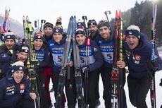 NordicFocus 12.01.2018, Ruhpolding, Germany (GER):Quentin Fillon Maillet (FRA), Antonin Guigonnat (FRA), Simon Desthieux (FRA), Martin Fourcade (FRA), Stephane Bouthiaux (FRA) coach Team France, (l-r) - IBU world cup biathlon, relay men, Ruhpolding (GER). www.nordi