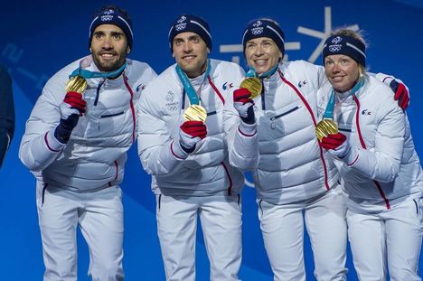 NordicFocus 21.02.2018, Pyeongchang, Korea (KOR):Martin Fourcade (FRA), Simon Desthieux (FRA), Anais Bescond (FRA), Marie Dorin Habert (FRA) - XXIII. Olympic Winter Games Pyeongchang 2018, biathlon, medals, Pyeongchang (KOR). www.nordicfocus.com. © Thibaut/NordicFo