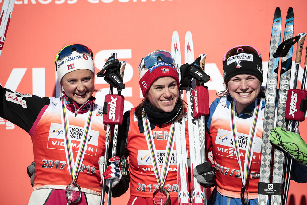18.03.2018, Falun Sweden (SWE):Ingvild Flugstad Oestberg (NOR), Heidi Weng (NOR), Jessica Diggins (USA), (l-r) - FIS world cup cross-country, pursuit women, Falun (SWE). www.nordicfocus.com. © Modica/NordicFocus. Every downloaded picture is fee-liable.