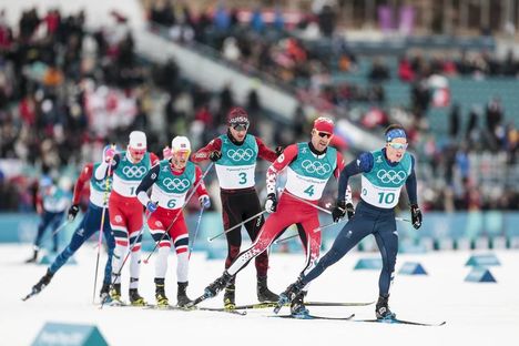 NordicFocus 11.02.2018, Pyeongchang, Korea (KOR):Johannes Hoesflot Klaebo (NOR), Martin Johnsrud Sundby (NOR), Dario Cologna (SUI), Alex Harvey (CAN), Andrew Musgrave (GBR), (l-r) - XXIII. Olympic Winter Games Pyeongchang 2018, cross-country, skiathlon men, Pyeongc